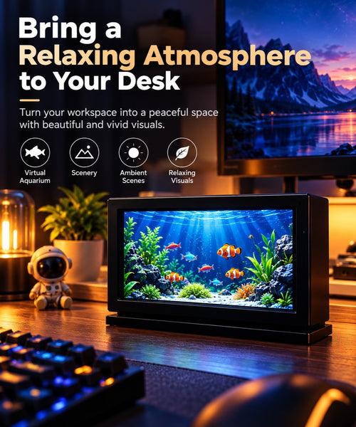 Compact desk display showing an aquarium scene on a desk.