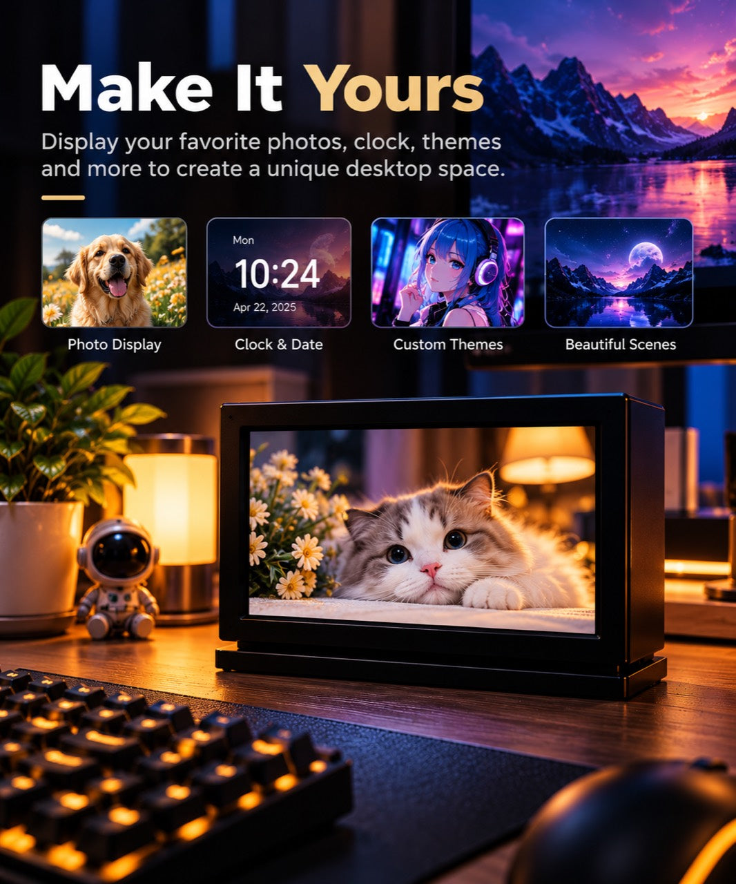 Desk display shown with photo, clock, theme, and scenic screen examples.