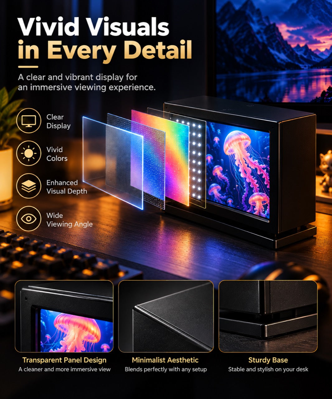Product graphic showing the desk display screen and layered visual presentation.