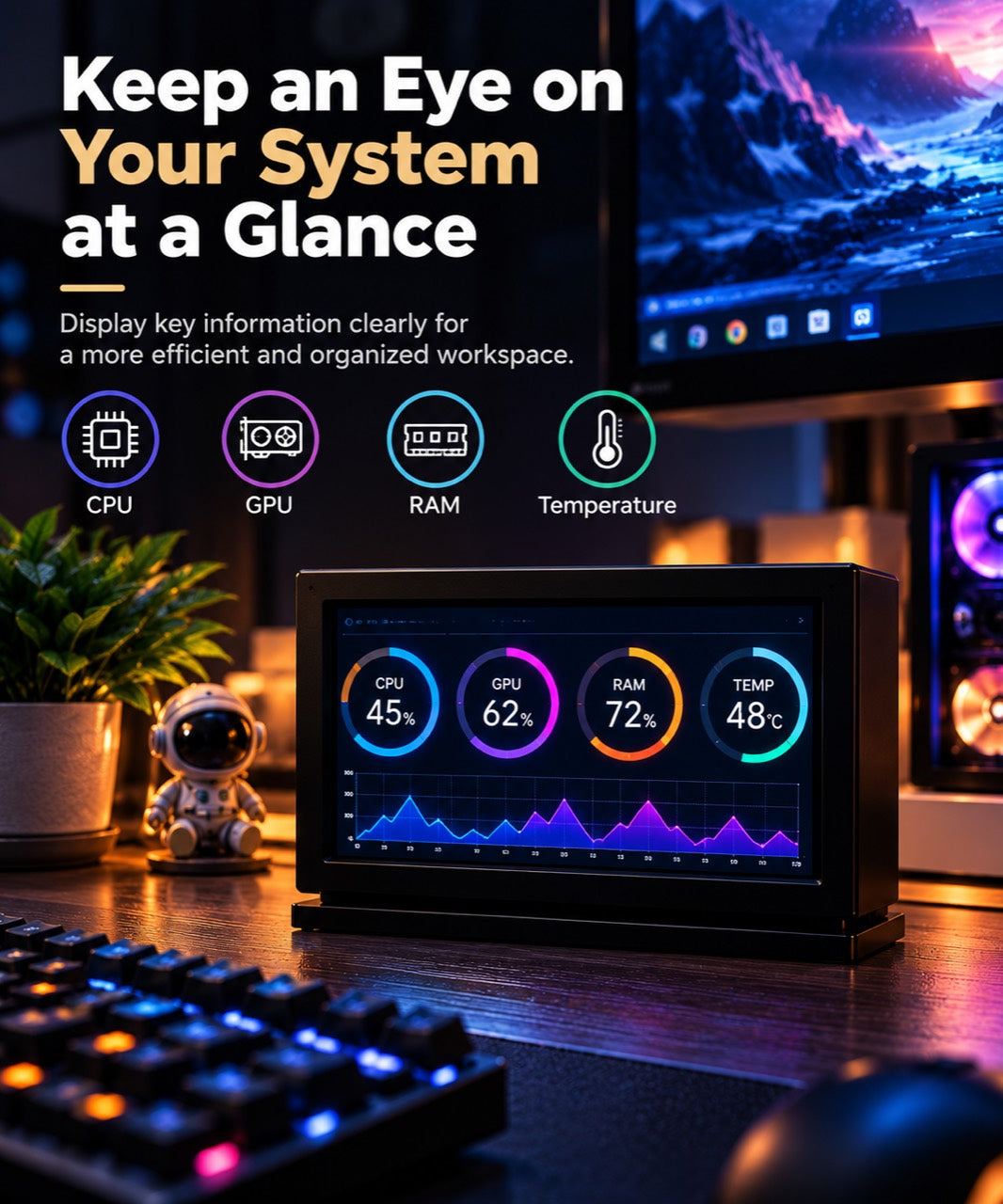 Desk display shown with CPU, GPU, RAM, and temperature dashboard artwork.